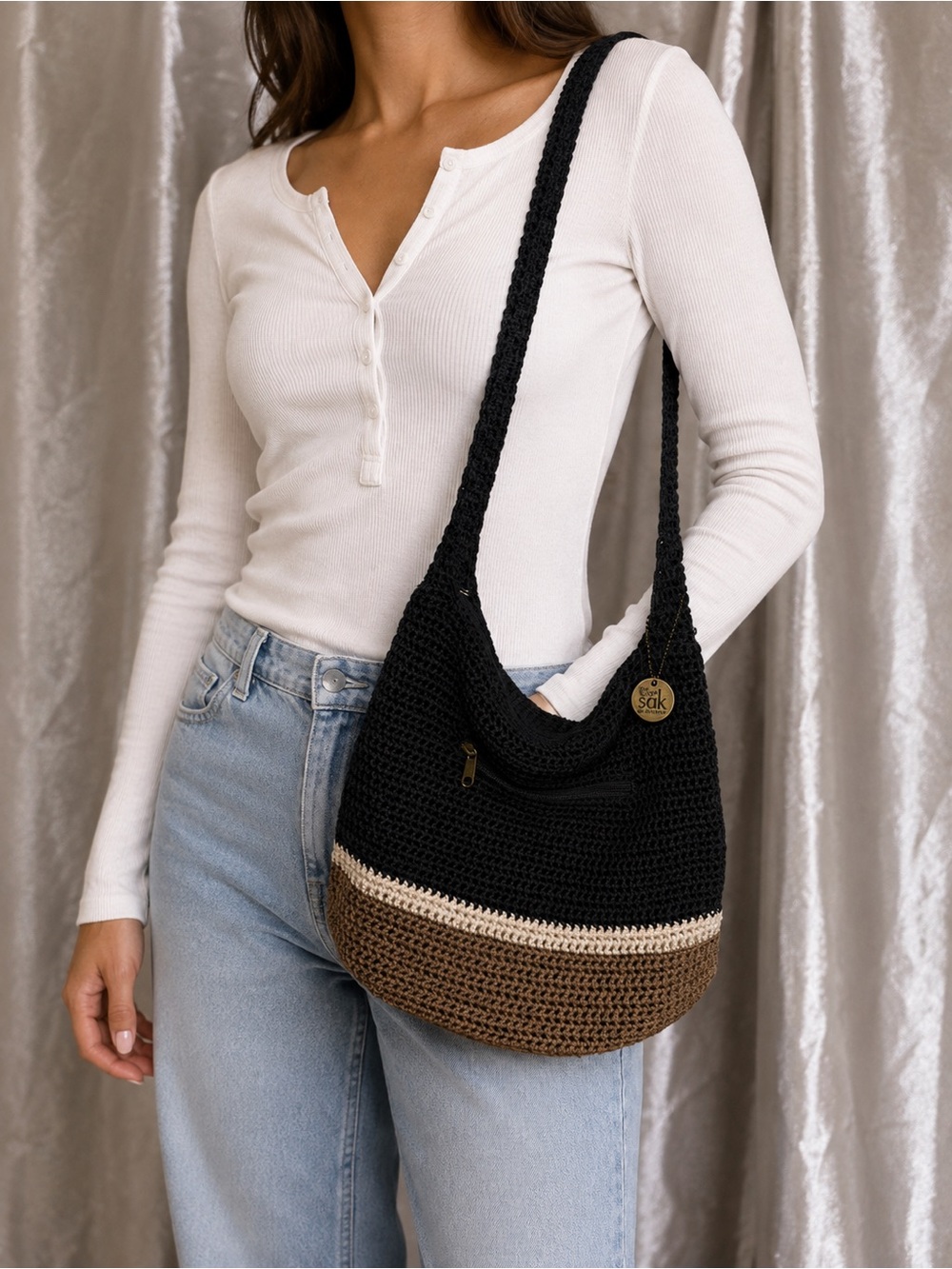 The Sak Crochet Crossbody Bag Black Brown Cream Striped Boho Y2K Shoulder Purse